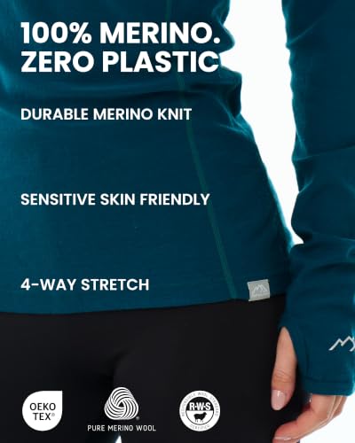 Women’s Merino Wool Hoodie Medium Deep Teal Slim Fit Quarter Zip Base Layer