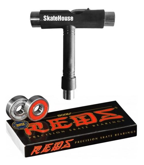 Bones Reds Skateboard, Longboard, and Roller Skate Bearings (8 Pack) Bundled with a Bonus Free SkateHouse Skateboard T-Handle Tool (Model #BSACBR88)