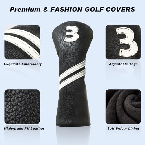 Golf Club Covers - 4PCS Black for Woods, Driver, Hybrids - PU Leather
