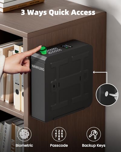 Biometric LCD Gun Safe with 3 Access Methods - Bedside Pistol Lock Box for Nightstand, Wall, Desk, Black+Silver