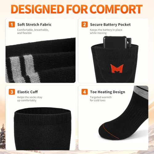 Heated Socks for Men & Women with 6000mAh Batteries - Black, 4 Heat Levels, All-Day Warmth