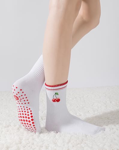 Yoga Grip Socks for Women, 3-Pack with Red, Pink & Brown Embroidered Non-Slip Socks - One Size