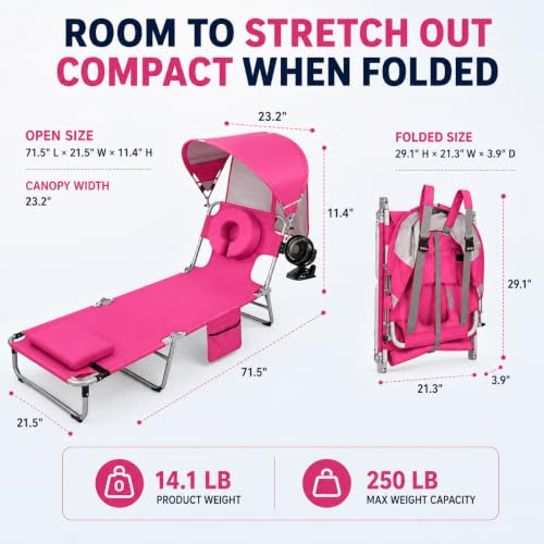 Pink Folding Camping Lounge Chair with Canopy & Fan - Portable Reclining Outdoor Cot with Pillow & Side Pocket