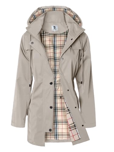 SaphiRose Women's Khaki Long Hooded Waterproof Rain Jacket, Windbreaker, Large