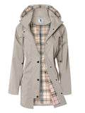 SaphiRose Women's Khaki Long Hooded Waterproof Rain Jacket, Windbreaker, Large
