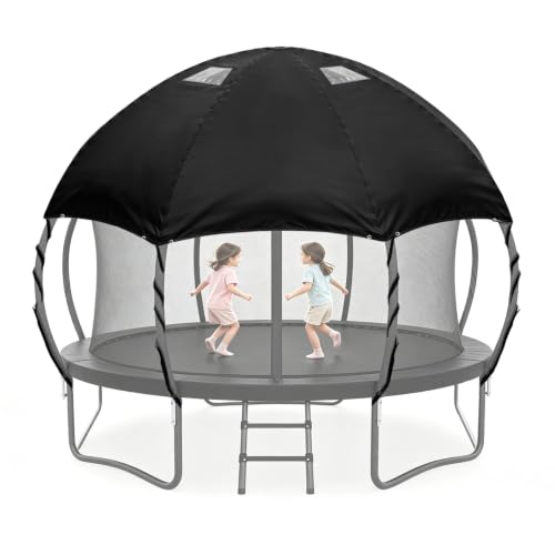 Black 14ft Waterproof Trampoline Cover with PVC Skylight & Support Poles - Heavy Duty