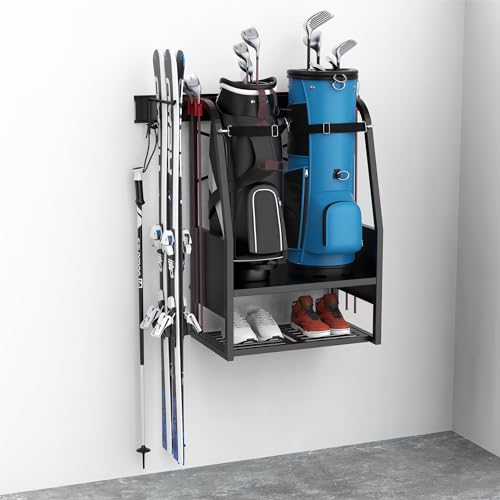 WALMANN Black Wall Mount Golf Bag Organizer for 2 Golf Bags & Accessories