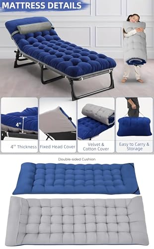 Blue Folding Camping Cot for Adults with Mattress - Heavy Duty Adjustable Bed