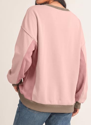 Women’s Oversized Waffle Knit Crew Neck Sweatshirt - Light Pink, Medium