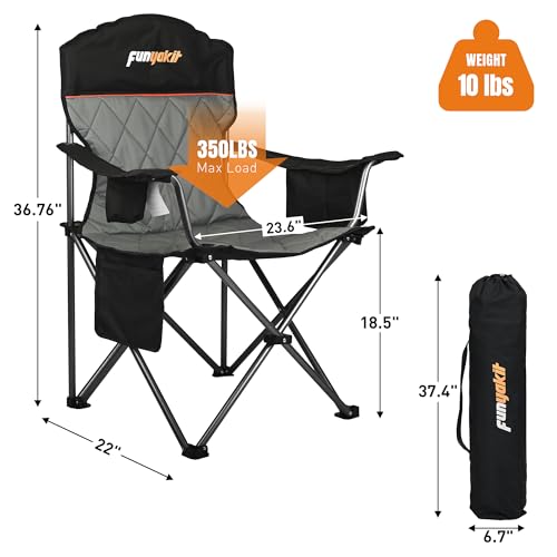 FUNYAKIT 2 Pack Oversized Padded Camping Chairs with Lumbar Support & Cooler Bag