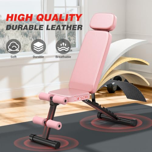 Pink Adjustable Workout Bench with 10 Backrest Angles, Heavy-Duty Steel, 800lbs Capacity, Foldable for Home Gym