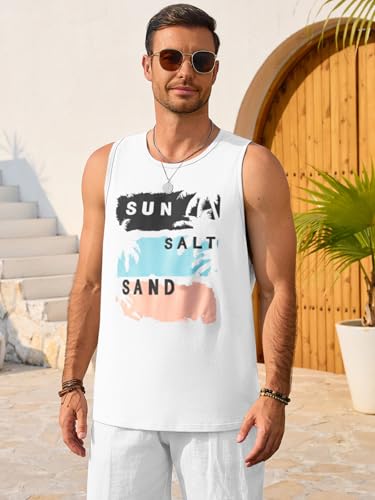 Runcati Mens Sleeveless Hawaiian Beach Tank Top Large White