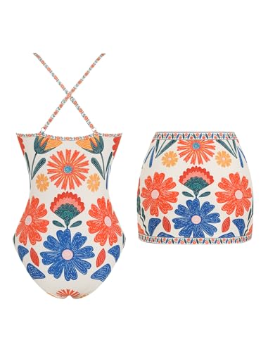 Women's One Piece Swimsuit with Skirt - V Neck Colorblock Bathing Suit