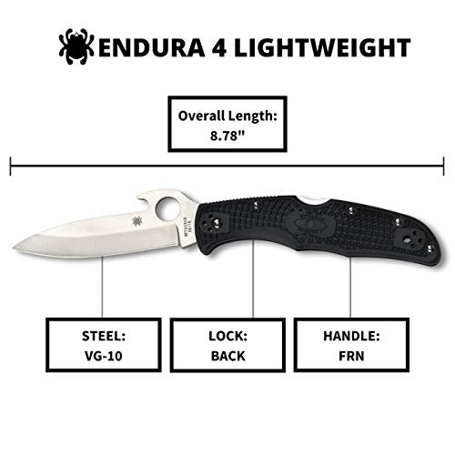 Spyderco Endura Lightweight Folding Pocket Knife with Black Handle - 3.9" PlainEdge