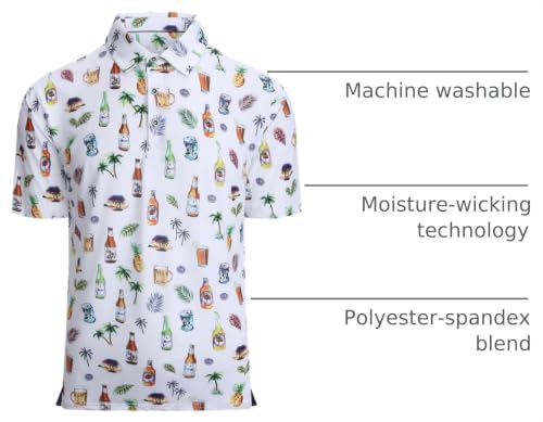 Men's Hawaiian Golf Shirt Moisture-Wicking Digital Print Polo Large White Beer