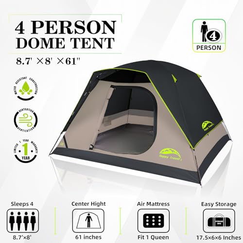 Happy Travel Black 4-Person Dome Tent with Rainfly – Spacious Camping Shelter