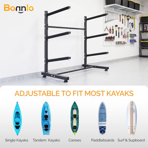 Bonnlo 3-Tier Freestanding Kayak Storage Rack - Heavy Duty Adjustable Boat & Surfboard Stand