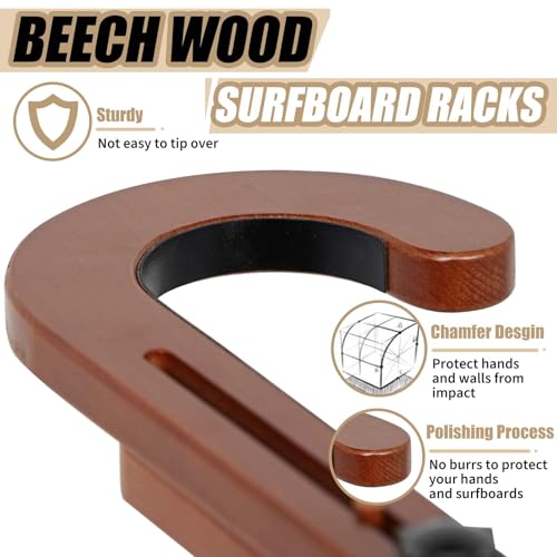 JUSTOOP Dark Brown Beech Wood Surfboard Stand Rack - Floor Standing Organizer for Shortboard & Longboard