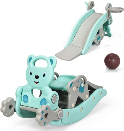 Green 36x15x22 Inch 5-in-1 Toddler Slide Rocking Toy with Detachable Stool & Basketball Game