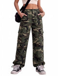 Lepunuo Women's High Waisted Cargo Pants - Travel Y2K Streetwear Baggy Stretchy with 6 Pockets, Drawstring, Ankle Cuffs, Large / Camouflage Green