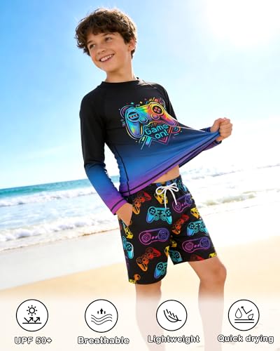 Boys Two Piece Rash Guard Swim Set - Long Sleeve Swimsuit & Trunks, 14-16 Years Variation