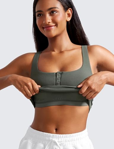 Medium Grey Sage Ribbed Henley Crop Top for Yoga & Workout