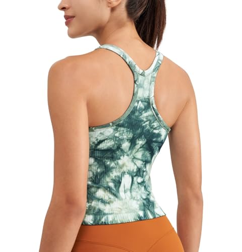 Seamless Ribbed Workout Racerback Tank Top with Built-in Bra for Women