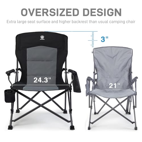 EVER ADVANCED Oversized Folding Camping Chair - Heavy Duty Outdoor Lawn Chair with Side Pockets - Black