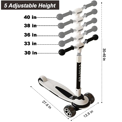 Kids Kick Scooter with 3 LED Light Wheels, Adjustable Height, Foldable, Black & White, for Ages 3-12