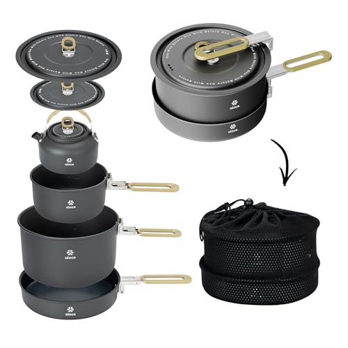 ALOCS Signature Series Camping Cookware Set with Foldable Handles – 4-Piece Non-Stick Mess Kit