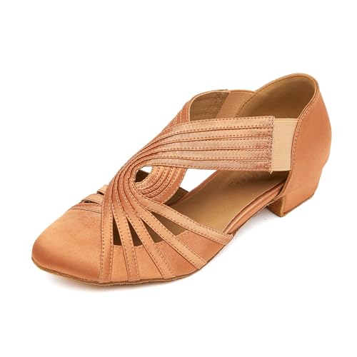Women Latin Ballroom Salsa Dance Shoes - Closed Toe, Suede Sole, Tan 11