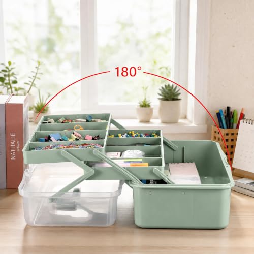 Green 15-Inch Extra Large Art & Craft Storage Box with 3-Layer Folding Trays