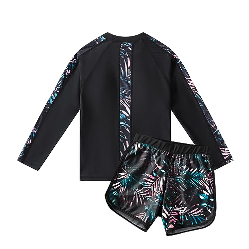 Girls Swimsuit Rash Guard 2-Piece Long Sleeve Bathing Suit with UPF50+ Size 13-14 Years - Coconut Leaf Black