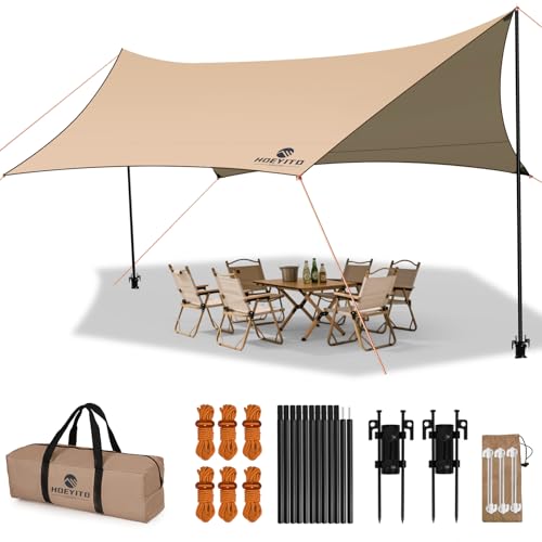 Khaki Waterproof Camping Tarp with Poles & Retainer 15x12.5FT Canopy Shelter