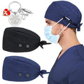 Black Navy Satin Lined Scrub Cap with 4 Buttons - Nurse Hat for Women Men