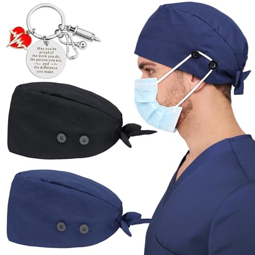Black Navy Satin Lined Scrub Cap with 4 Buttons - Nurse Hat for Women Men