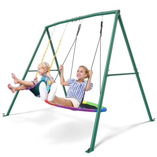 Trekassy 440lbs Heavy-Duty Backyard Swing Set with 2 Seats & Saucer Swing - Green