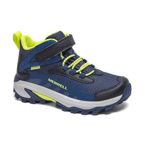 Kids Waterproof Hiking Sneakers - Merrell Moab Speed 2 Mid A/C Navy Hi Viz, Wide 7