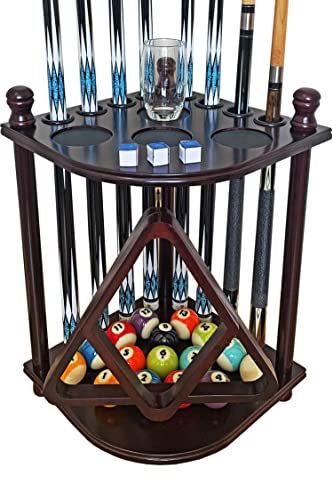 Pool Cue Rack Floor Stand - Holds Up to 8 Cues & Accessories - Traditional Mahogany