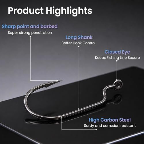 EWG Worm Hooks 3/0 50 Pieces Weedless Bass Fishing Hooks - Strong & Durable