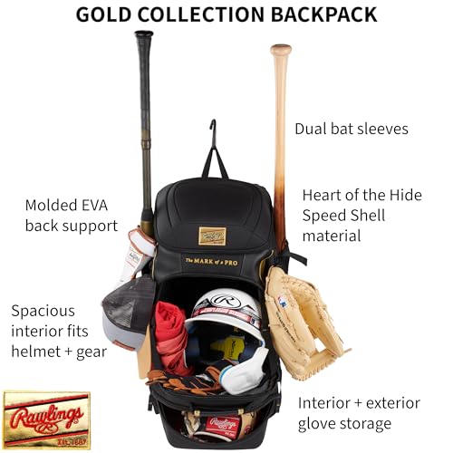 Black Baseball Equipment Backpack with Glove & Bat Storage - Gold Collection