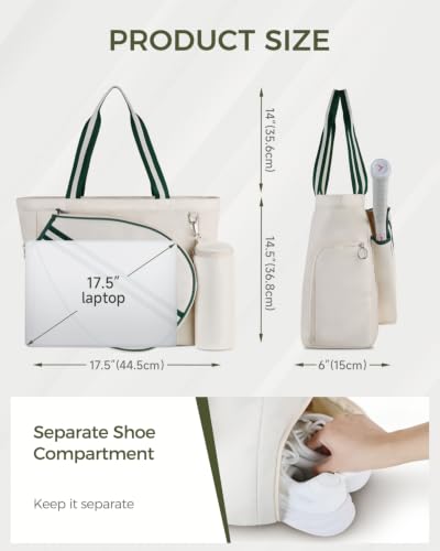 Beige-Green Tennis Tote Bag with Shoe Compartment & Wet Pocket - Movker
