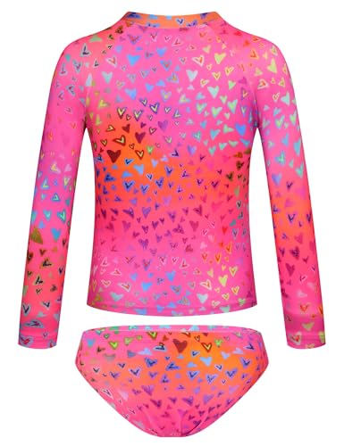 Girls Swimsuit Long Sleeve Rash Guard Set UPF 50+ Two Piece Bathing Suit - Sweet Heart / 3-4T