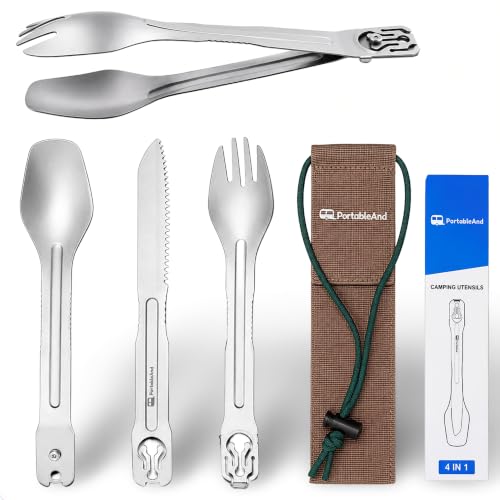 4-in-1 Camping Cutlery Set with Built-in Tongs Stainless Steel Compact Utensils
