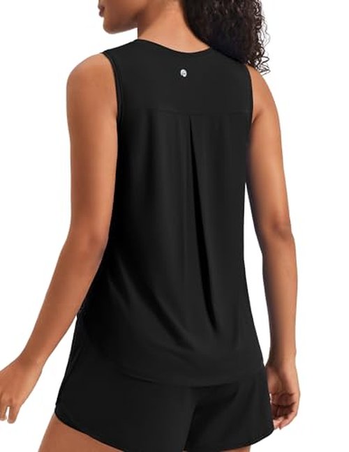 PINSPARK Women Workout Tank Tops with Back Pleat Soft Ice Silk Sleeveless Yoga Muscle Fitness Shirts Stretch Athletic Running Gym Activewear, Black S