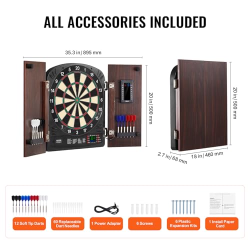 Electronic Dart Board Cabinet Set with LED Scoring, 35.3 x 20 x 2.7 Inches - Soft Tip Darts, Retro Style, Complete Accessories, Electronic Style