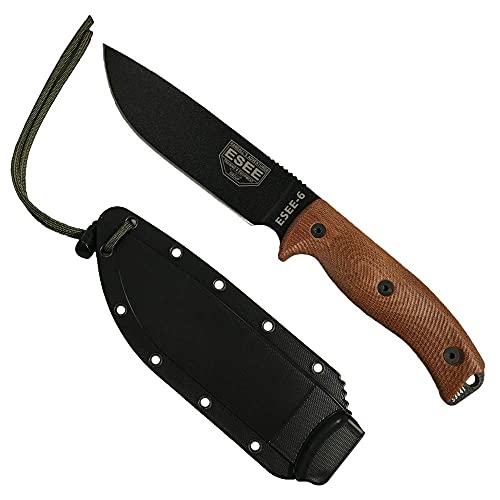 ESEE-6 Fixed Blade Knife with 1095 Carbon Steel Blade and Micarta Handle - Black Sheath, Variation: Black Blade, Natural Canvas Micarta 3D Handle