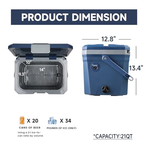 EchoSmile 20 Quart Dark Blue Insulated Cooler Ice Chest Portable Hard Shell