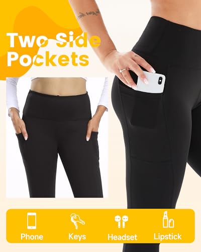 Women's Fleece Lined Thermal Leggings - Black with Two Pockets, Large-X-Large