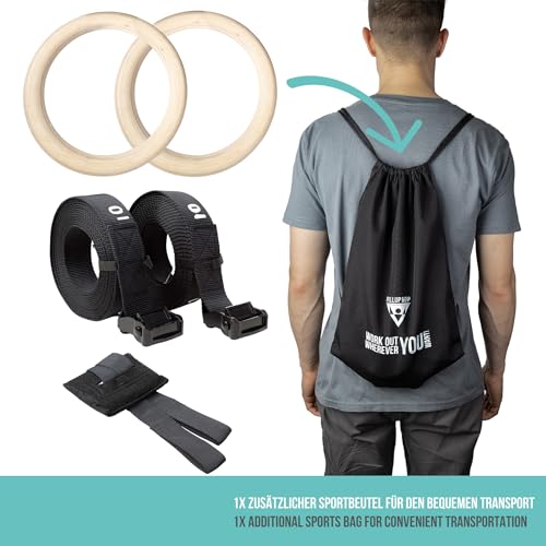 Pullup & Dip Wooden Gymnastic Rings Set with Wide Straps & Door Anchor - Calisthenics & Crossfit Equipment for Indoor & Outdoor Training